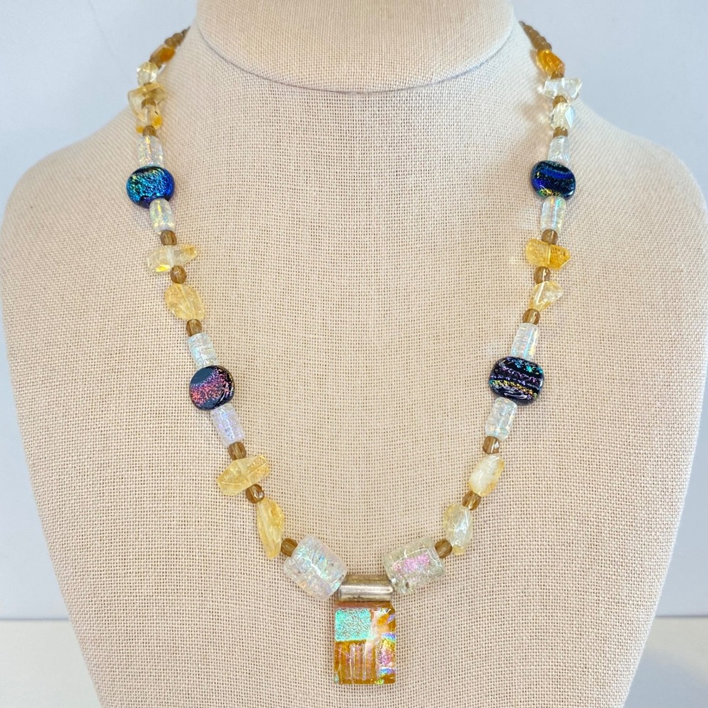 Artisan Dichroic Glass Sterling Silver 925 Stone Beaded Necklace‎ Citrine Blue
